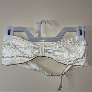 PINK white sequenced strapless bathing suit top, Size Medium